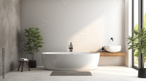 Modern hotel interior with tub, wash basin and window
