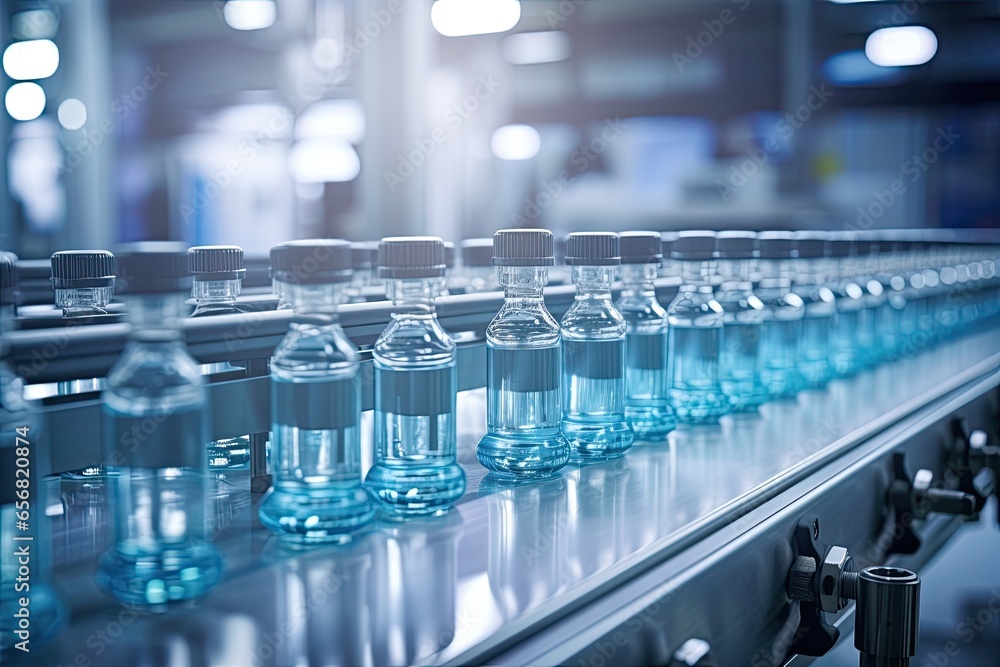 Pharma factory with conveyor line glass bottles