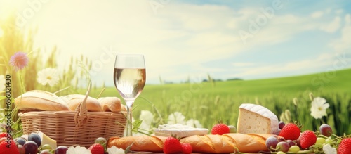 Summertime picnic with brie cheese baguette strawberries cherries wine croissants and a basket in a meadow in Provence