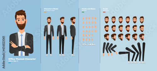 Title: Vector Illustration of casual office man character, with adjustable body pose and facial expression for animation and illustration design purposes.