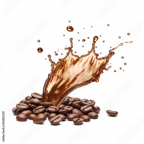 coffee beans and coffee water pouring down isolated on white background cutout, Generative AI