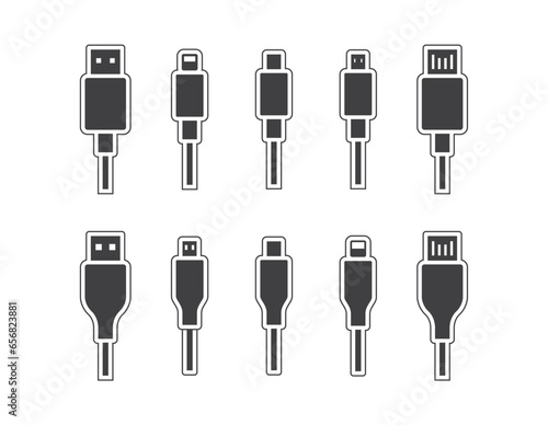 Black cabels icon set. Modern Usb cable Icon. Usb type cable Icon. Charger icon vector illustration. Charger smartphone symbol in trendy flat style on Transparant background. photo