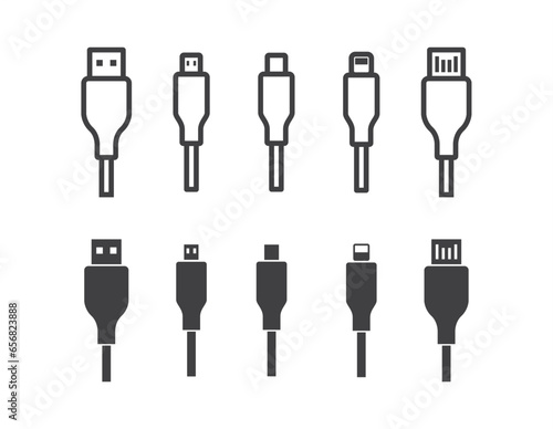 Simple set of Usb cable Icon. Usb type cable Icons. Electronic device input cable cords, internet charging wires signs, lightning micro usb types for mobile phone connector plugs. Charger smartphone 