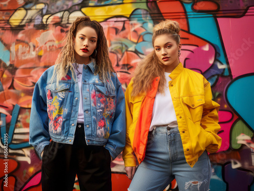 Two girls dressed in 90s style against a wall with graffiti