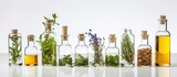 Eco lab producing natural products including essential oils and cosmetics with herbs on a white background