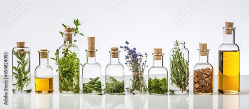 Eco lab producing natural products including essential oils and cosmetics with herbs on a white background