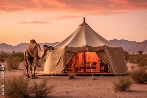a tent on a desert with a camel 
 photo
