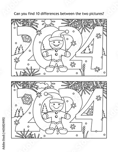 Year 2024 difference game and coloring page with year 2024 heading, cute gingerbread man and outdoor winter scene