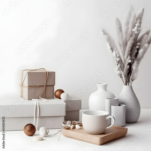 Minimalist Scandinavian style Christmas setup with giftboxes, a minimalist charismas tree and  white ceramics photo