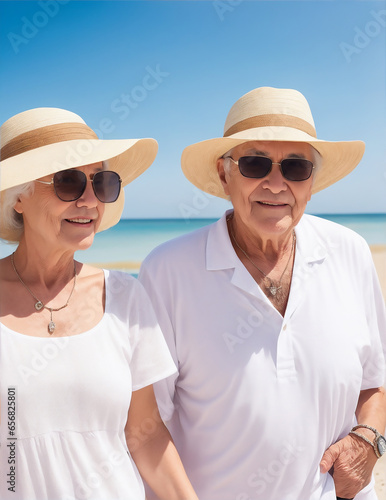 old couple wearing hat and sunglasses at beach