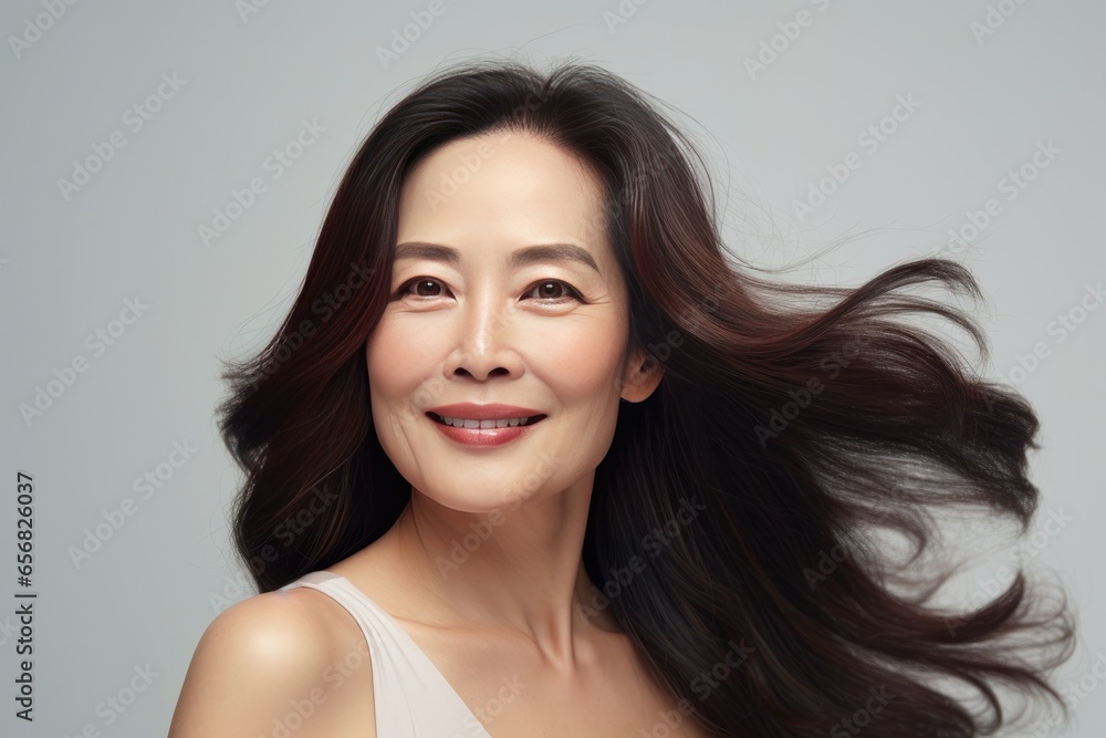 Portrait of Asian Senoir Woman with Smooth Healthy Skin, Happy Adult Female Smiling Beauty Face for Cosmetics Skincare Advertising. Portrait of Asian Senoir Woman with Smooth Healthy Skin, Happy Adult Female Smiling Beauty Face for Cosmetics Skincare Advertising.