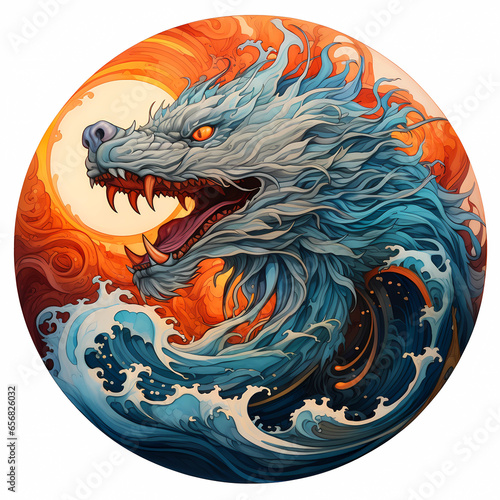  a dragon's head in a circular shape and waves