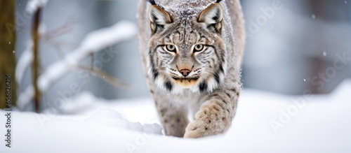 European winter wildlife scene featuring a lynx in snowy Slovakia