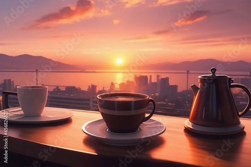 A cup of hot coffee or tea on the table with a beautiful view of the sunset in the background. Anime art style. Generative Ai