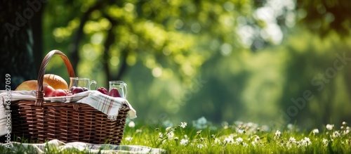 Fototapeta Naklejka Na Ścianę i Meble -  Picnic basket on a sunny summer day in the grassy park