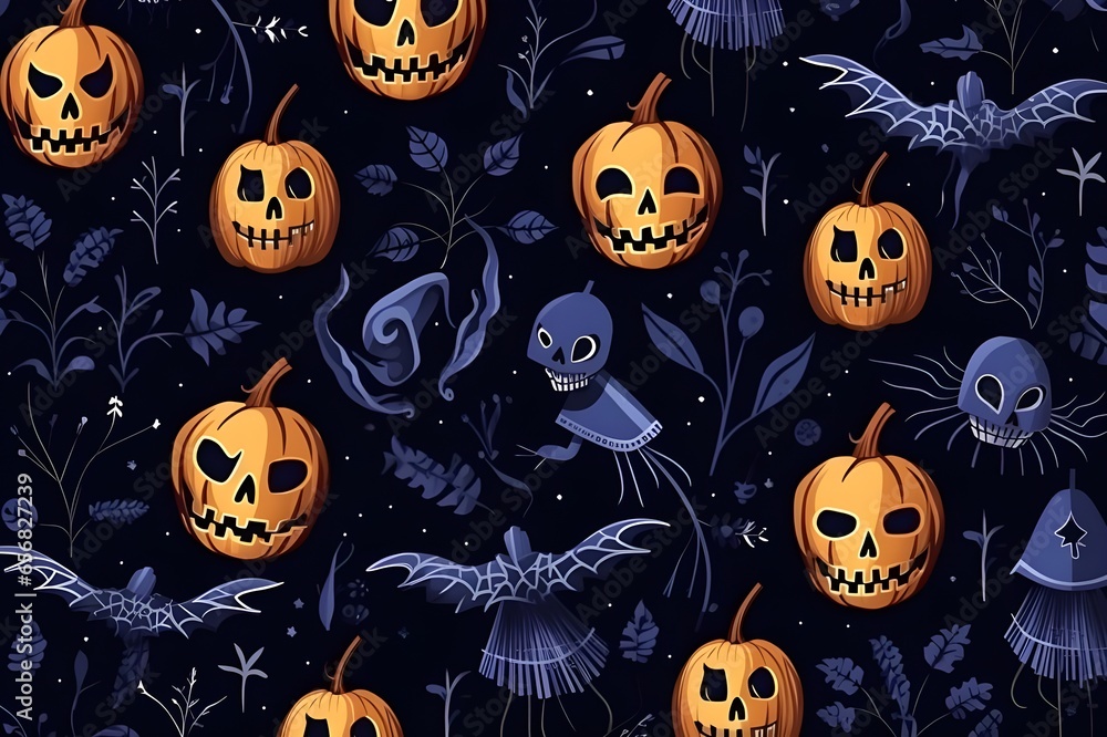 Halloween scarey pumpkin and skull seamless pattern design with other objects in dark background