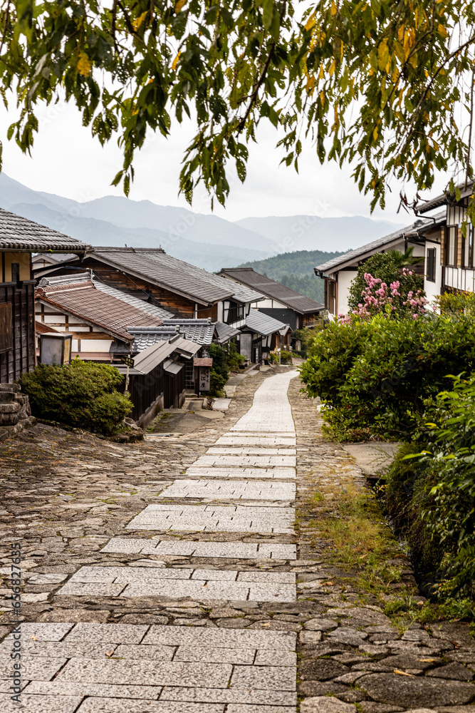 Old traditional houses in street of Nagiso, Japan