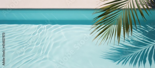 Top down view of product placement setup with a luxurious pool palm shadows and tropical summer vibes photo