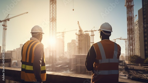 Construction worker and engineer wearing safety gear looking for blueprints in high rise building construction site with tower crane.