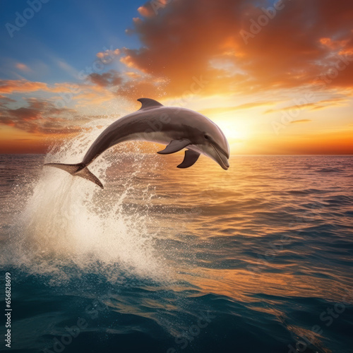 A dolphin is jumping in a sea in the autumn  