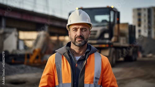 Portrait of a male foreman near a construction site, background inspecting various objects used in the foundation at a construction site.
