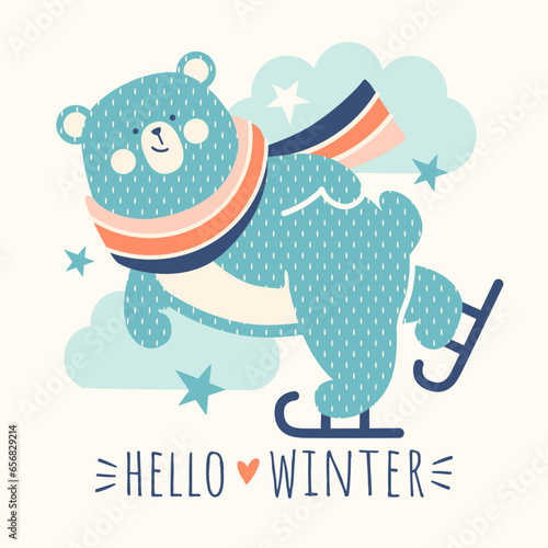 Hello winter or Christmas holiday concept with Cute Scandinavian bear. Simple doodle style print with fun polar bear cub sitting. Funny pastel vector illustration.