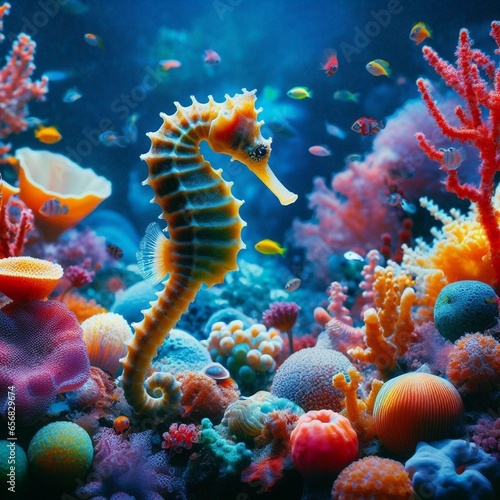 colorful coral reef and horse