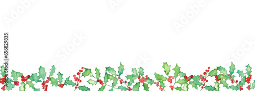 水彩画。水彩タッチのヒイラギのベクターフレーム。柊の葉っぱ背景。クリスマスフレーム。Watercolor painting. Vector frame of holly with watercolor touch. Holly leaves background. Christmas frame.