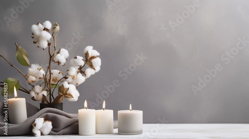 design for stylish table banner with cotton flowers and aroma candles near the wall