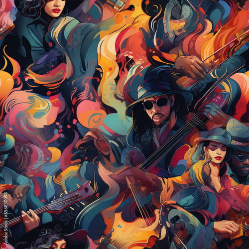 Music band cartoon collage funky art illustration repeat pattern