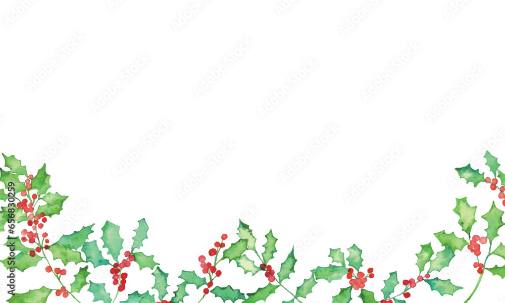 水彩画。水彩タッチのヒイラギのベクターフレーム。柊の葉っぱ背景。クリスマスフレーム。Watercolor painting. Vector frame of holly with watercolor touch. Holly leaves background. Christmas frame.