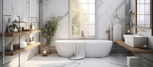 Elegant bathroom design featuring marble panels bathtub towels and modern accessories