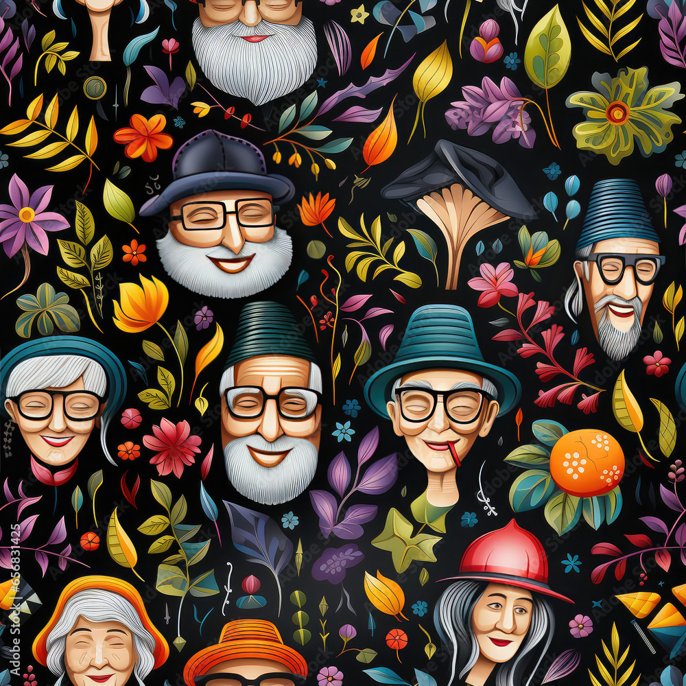 Seniors old age people cartoon doodles colorful diverse ethnic repeat pattern
