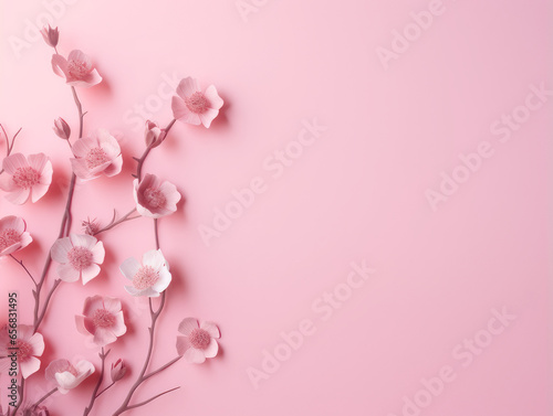 Pink background with flowers on a branch. Flat lay. Copy space.