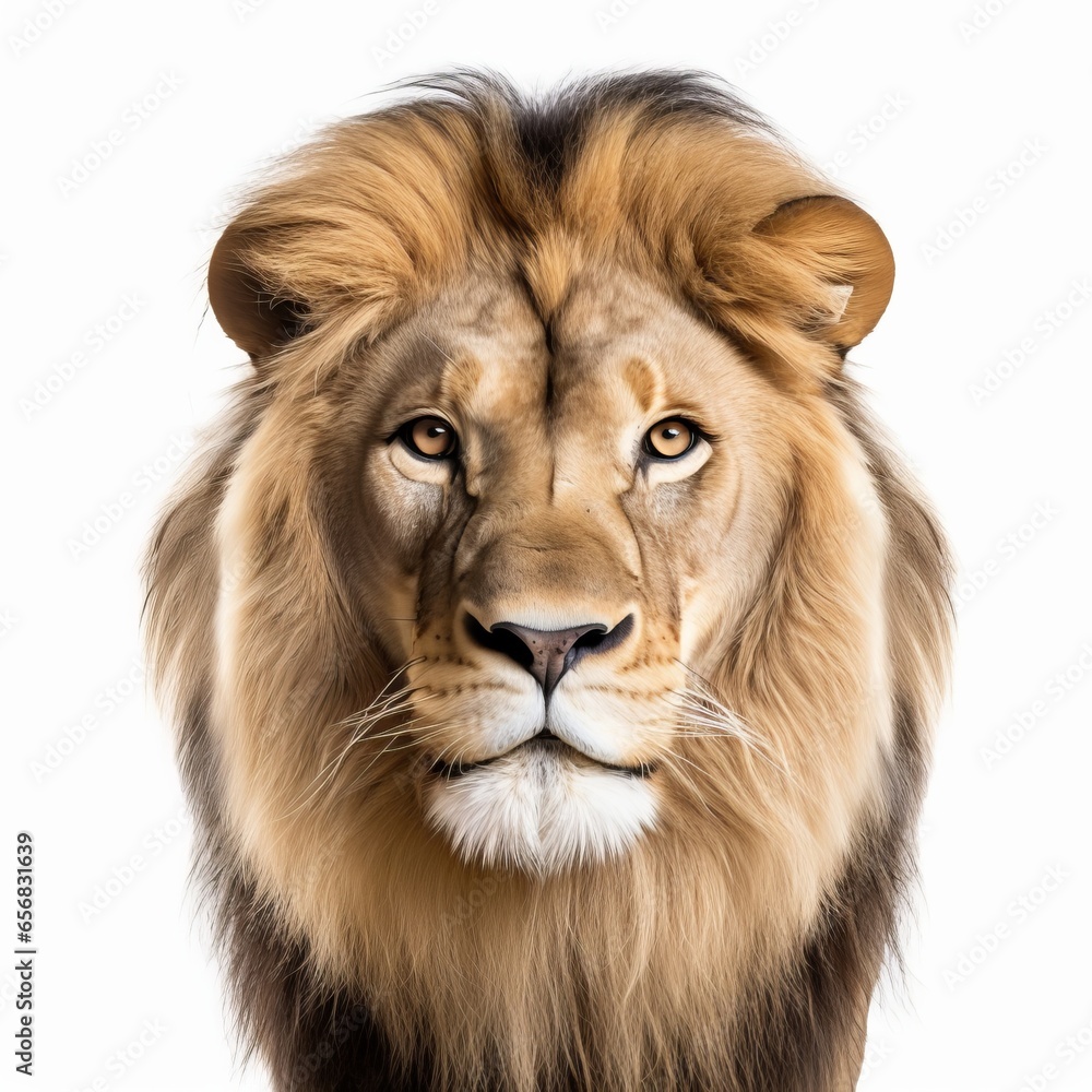 lion face shot isolated on white background cutout, Generative AI