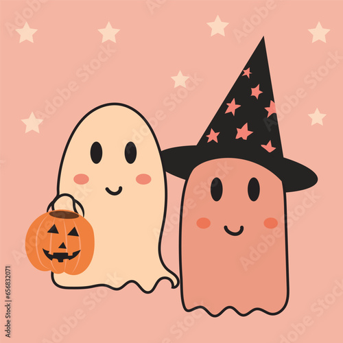 Cute Halloween ghosts treat or trick. ghost disguised as a witch Concept of mystical drawings for decoration. Flat vector illustration isolated on pink background