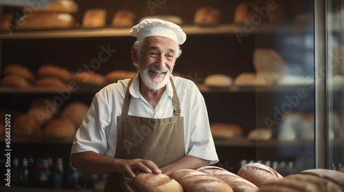 Cheerful Baker Proudly Showcasing Fresh Bread in Small Business Store