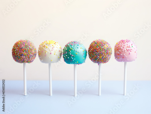 Delicious rainbow cake pops decorated with icing and sprinkles © keystoker