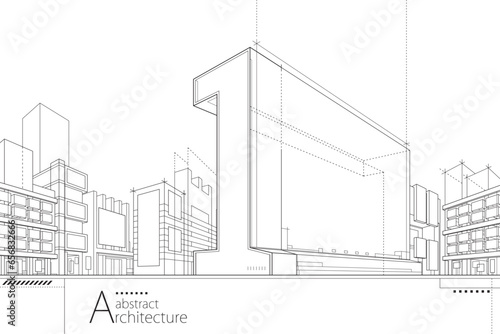 3D illustration abstract imagination modern architecture urban building outline drawings of numerals number one building.