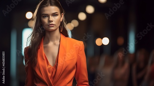 Evening Fashion Show: Young Woman on the Runway with Elegant Hairstyle photo