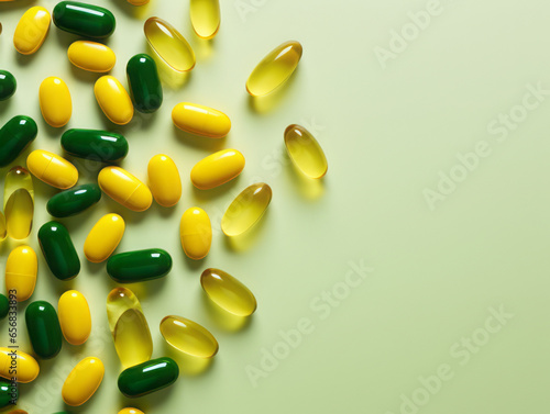 Dietary supplements capsules flat lay. Yellow and green color.