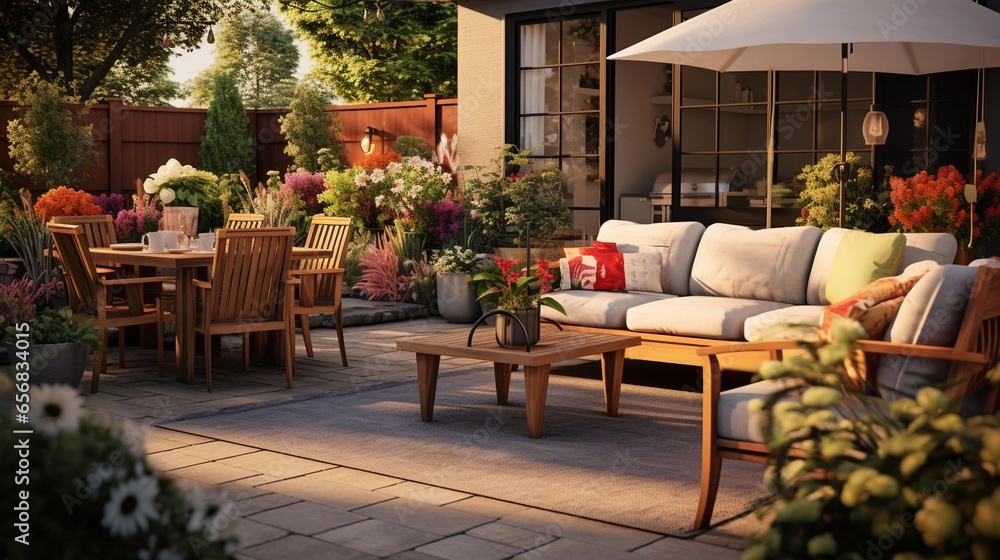 An image featuring a beautifully furnished outdoor patio or garden area with a variety of outdoor furniture pieces, with designated areas for text, background image, AI generated