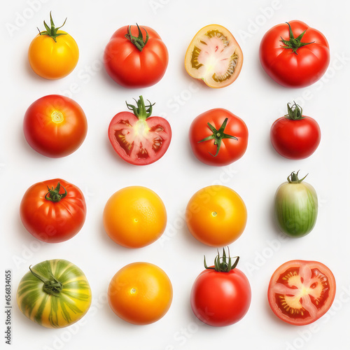 Different types of tomatoes on a white background. Red, yellow and green tomatoes.