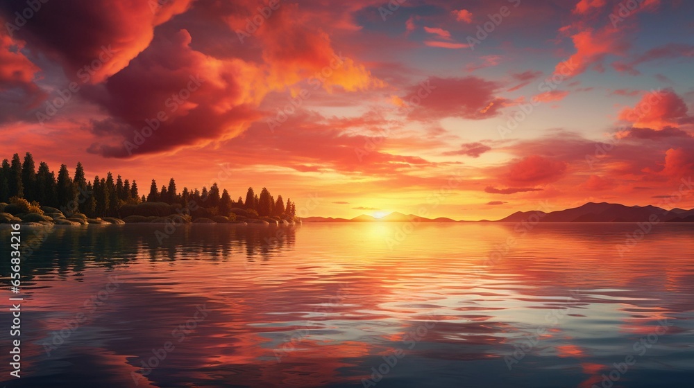Image of a serene sunset over a calm lake with vibrant colors, background image, AI generated