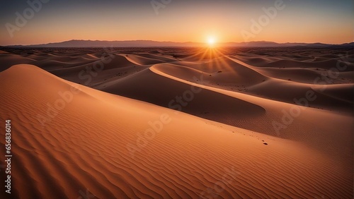 A vast desert landscape with sand dunes stretching as far as the eye can see  with the evening sun casting a warm golden light over the scene