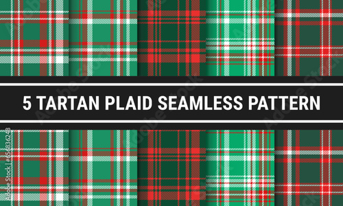 Green Red White Set Plaid Tartan Seamless Pattern For Christmas. Checkered fabric texture for flannel shirt, skirt, blanket
