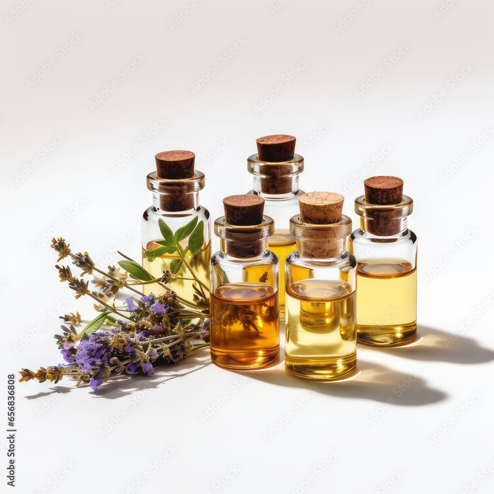 Essential oils in bottles with a sprig of lavender on a white background Essential oils in bottles with a sprig of lavender on a white background