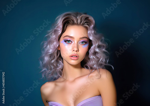 Beautiful young woman with trendy makeup and lilac hair on a blue background