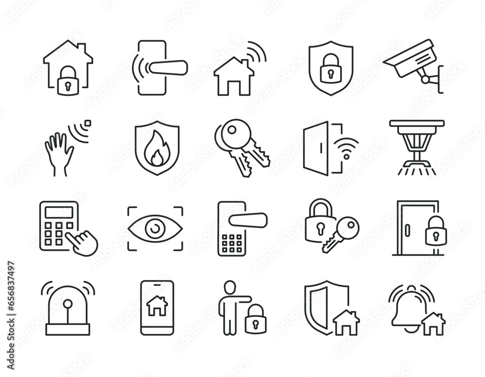 Home security thin line icons. Editable stroke. For website marketing design, logo, app, template, ui, etc. Vector illustration. Home security thin line icons. Editable stroke. For website marketing design, logo, app, template, ui, etc. Vector illustration.