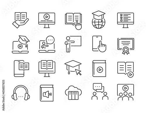 School and education simple minimal thin line icons. Related E-learning, education, online school, webinar. Editable stroke. Vector illustration.